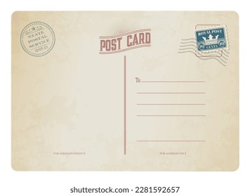 Antique postcard, retro postage stamp on vintage mail card, vector postal background. Old antique postcard with postage stamp of royal post mail with date and address line, backside template