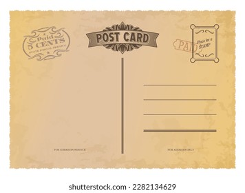 Antique postcard, retro postage stamp on vintage mail. Vector template with worn-out texture, elegant and sophisticated invitation, message, greeting or post card with touch of nostalgia and charm