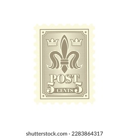 Antique postcard, retro postage stamp and vintage mail with heraldry lily. Postal retro label, postcard vector stamp or mail mark. Post envelope perforated postmark with medieval heraldic symbol