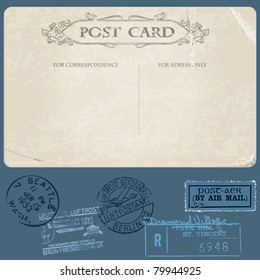 Antique postcards in vector with set of Postal stamps