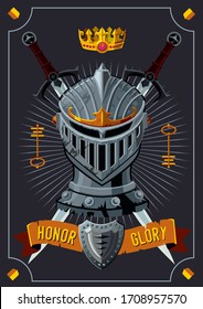 Antique poster with knight helmet. Vector cartoon illustration. Fantasy rpg game background.