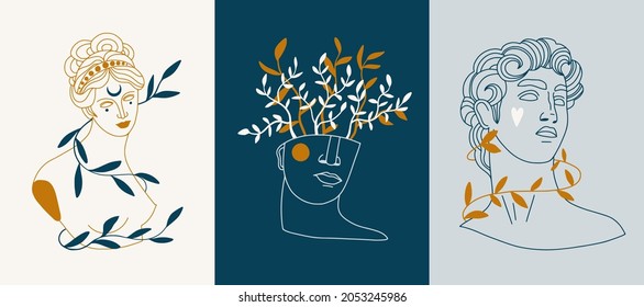 
Antique posters set. Ancient greek statues, sculptures with leaves in modern linear style. Classic mythical characters, gods hand drawn trendy line art. Vector template collection for cards, prints