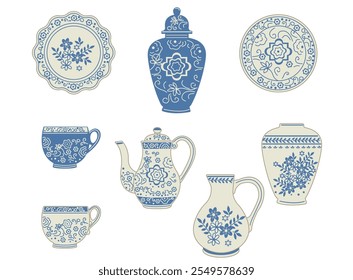 Antique pottery porcelain vector illustration.