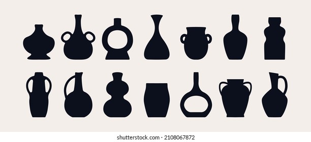 Antique pottery set. Ancient black ceramic vase amphora jar silhouette shapes, hand drawn isolated icons. Trendy vector illustration