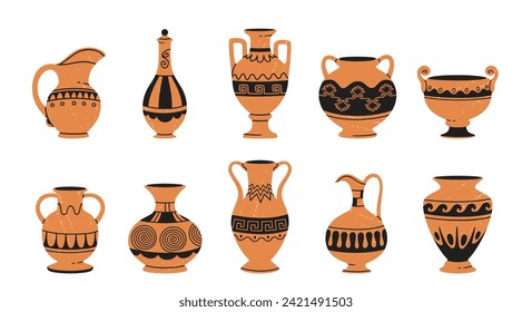 Antique pottery vases. Cartoon old vase, old pot, greek amphora, ancient urn with decorative ornaments and patterns. Clay ceramic decoration vector set. Crafted jar with ethnic painting