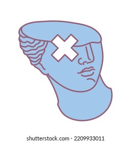 Antique psychedelic statue. Creativity and art, marble bust. Greek or Roman. Graphic element in retro, old style for printing on fabric. Back to 80s and 90s. Cartoon flat vector illustration