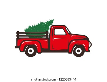 Antique red truck and christmas tree illustration  logo icon vector