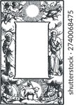 Antique religious woodcut frame vector. Vintage Bible title page with Saint Peter, Paul, and symbols of the Four Evangelists. Engraved Christian border for gospel or church design