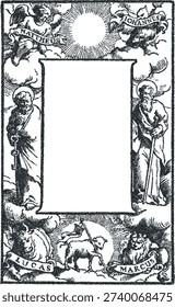 Antique religious woodcut frame vector. Vintage Bible title page with Saint Peter, Paul, and symbols of the Four Evangelists. Engraved Christian border for gospel or church design