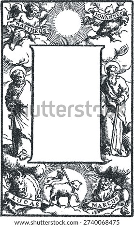 Antique religious woodcut frame vector. Vintage Bible title page with Saint Peter, Paul, and symbols of the Four Evangelists. Engraved Christian border for gospel or church design