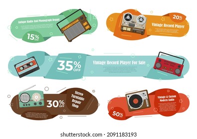 Antique retro phonograph repair service promo banner place for text set vector flat illustration. Advertising renovation of vintage audio cassette, tape recorder, radio, LP turntable sale discount