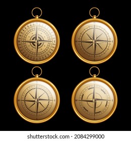 Antique retro style metal compass set isolated
