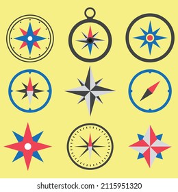 Antique retro style metal compass set isolated on white background vector illustration.