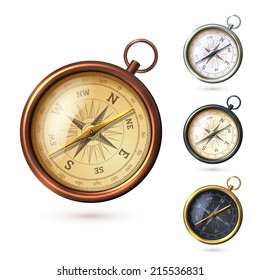 Antique retro style metal  compass set isolated on white background vector illustration