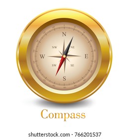 Antique retro style metal compass set isolated on white background vector illustration. Vintage gold compass