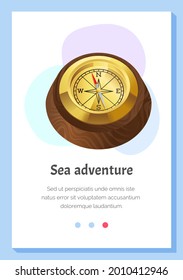 Antique retro style metal and wood compass device with arrows for determining cardinal points and orientation. Main navigation item for any ship captain, attribute of sea travel, measurement object
