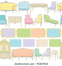 antique rococo furniture pattern, colored doodles on white