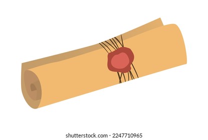 Antique rolled papyrus scroll with ribbon and wax seal. Vector illustration in cartoon design isolated