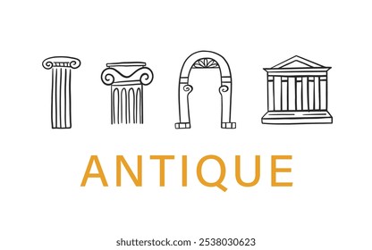 Antique Roman Column Colonnade and Arch Hand Drawn Sketch Set Isolated on White. Vector Illustration Collection. Vintage Retro Style