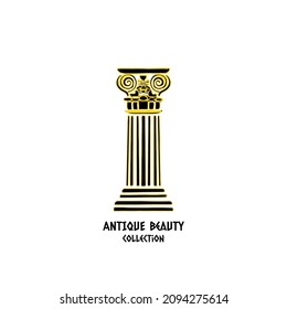 Antique roman column on white background. Black and gold effect classic column with details. Greek culture symbols vector illustration.