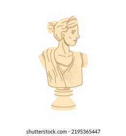 Antique Roman or Greek culture heritage, isolated bust of female character looking aside. Sculpture or statue from stone or marble. Vector in flat style