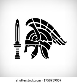 Antique roman, greek helmet with a crest for head protection, roman sword vector image. Sparta warrior equipment. Centurion symbol on white background.
