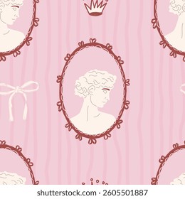 Antique Roman Statue picture seamless pattern. Greek Aphrodite face sculpture on picture frame aop background. Rococo repeat coquette cover. Surface pattern vintage. Vector hand drawn illustration.