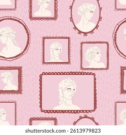 Antique Roman Statues seamless pattern. Greek face sculpture on picture frame endless aop background. Rococo repeat cover. Surface pattern design vintage ancient motif. Vector hand drawn illustration.