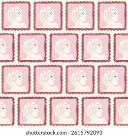 Antique Roman Statues seamless pattern. Greek face sculpture on picture frame endless aop background. Rococo repeat cover. Surface pattern design vintage ancient motif. Vector hand drawn illustration.