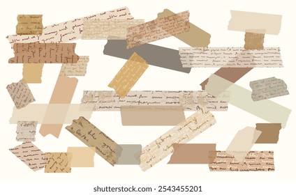 Antikes romantisches braunes Vektor-Klebeband mit abgerissenen Kanten und handgeschriebenem unlesbaren Text, süße beige Maskierungspapierstücke mit kursiver Handschrift