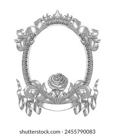 antique rose frame with floral ornament and banner, Vintage engraving drawing vector illustration