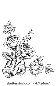 antique roses engraving, corner decoration, scalable and editable vector illustration