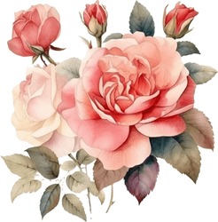 Antique Roses Watercolor Illustration. Hand Drawn Underwater Element Design. Artistic Vector Marine Design Element. Illustration For Greeting Cards, Printing And Other Design Projects.