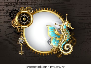 Antique, round banner with mechanical seahorse, antique watch with black dial and brass gears on brown wooden background. Steampunk style.