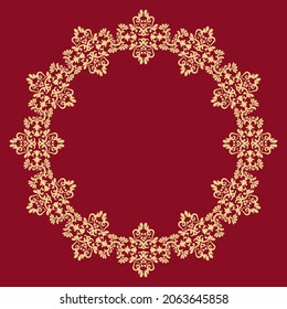 Antique round pattern. Gold lace border on red background. Place for text. Gold, red. Ornament for decoration of cards and invitations.	