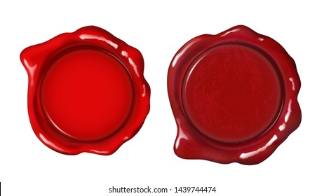 Antique Round Red Wax Seal With Copy Space Vector. Blank Circular Wax Stamp Label Decorate And Guarantee Original Of Sertificate Or Official Document. Template Realistic 3d Illustration