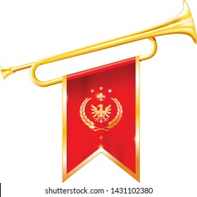 Antique royal horn - trumpet with triumphant flag, triumph concept