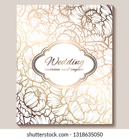 Antique royal luxury wedding invitation, gold on beige background with frame and place for text, lacy foliage made of roses or peonies with shiny gradient.
