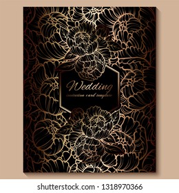Antique royal luxury wedding invitation, gold on black background with frame and place for text, lacy foliage made of roses or peonies with shiny gradient.