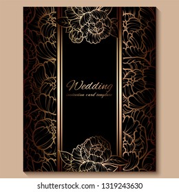 Antique royal luxury wedding invitation, gold on black background with frame and place for text, lacy foliage made of roses or peonies with shiny gradient.