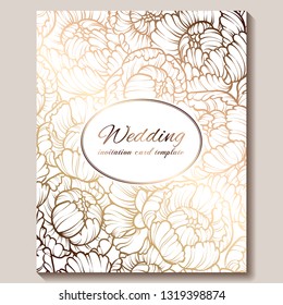 Antique royal luxury wedding invitation, gold on beige background with frame and place for text, lacy foliage made of roses or peonies with shiny gradient.