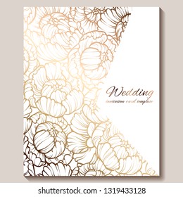 Antique royal luxury wedding invitation, gold on white background with frame and place for text, lacy foliage made of roses or peonies with shiny gradient.