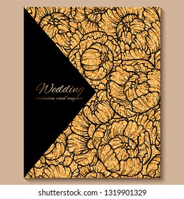 Antique royal luxury wedding invitation card, golden glitter background with frame and place for text, black lacy foliage made of roses or peonies .