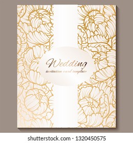 Antique royal luxury wedding invitation, gold on white background with frame and place for text, lacy foliage made of roses or peonies with shiny gradient.