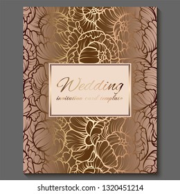 Antique royal luxury wedding invitation, gold on white background with frame and place for text, lacy foliage made of roses or peonies with shiny gradient.