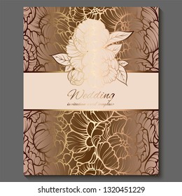 Antique royal luxury wedding invitation, gold on white background with frame and place for text, lacy foliage made of roses or peonies with shiny gradient.