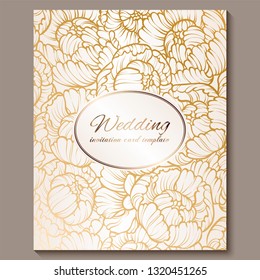 Antique royal luxury wedding invitation, gold on white background with frame and place for text, lacy foliage made of roses or peonies with shiny gradient.