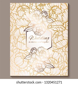 Antique royal luxury wedding invitation, gold on white background with frame and place for text, lacy foliage made of roses or peonies with shiny gradient.