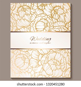 Antique royal luxury wedding invitation, gold on white background with frame and place for text, lacy foliage made of roses or peonies with shiny gradient.