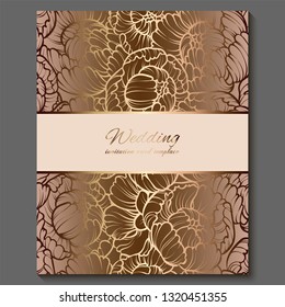 Antique royal luxury wedding invitation, gold on white background with frame and place for text, lacy foliage made of roses or peonies with shiny gradient.